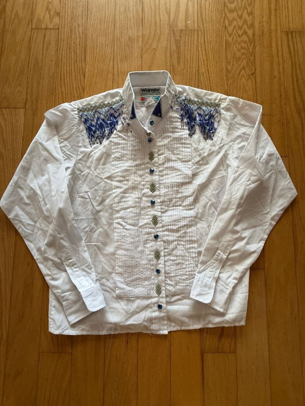Wrangler Women's Medium Western Apparel Blue Beaded White Long Sleeve Rodeo Wear
